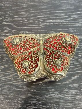 Butterfly Trinket Box VTG Gold Filagree Red Interior Hinged Lid